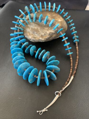 Authentic Native American Kingman Turquoise & Shell Necklace | Sterling Silver | 33" | Navajo Graduated | 12159