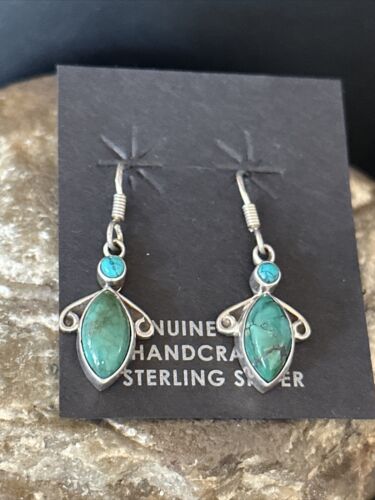 Navajo Blue Turquoise Dangle Earrings | Sterling Silver | 1" | Authentic Native American Handmade | 14773