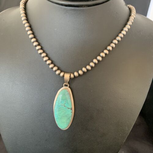 Navajo Pearl Necklace with Blue Spiderweb Turquoise Pendant | Sterling Silver | 13257