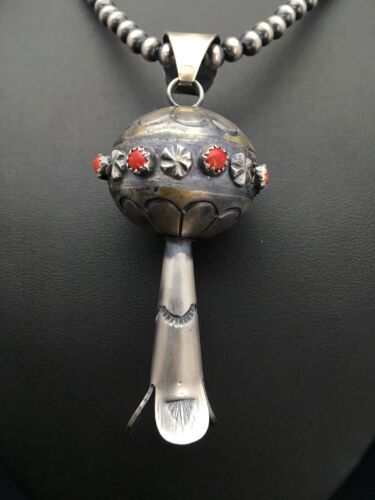 Navajo Red Coral Naja Pendant Necklace | Sterling Silver | Authentic Native American Handmade | 2619