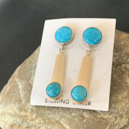 Handmade Navajo Kingman Turquoise Dangle Earrings | Sterling Silver | Authentic Native American | 2044