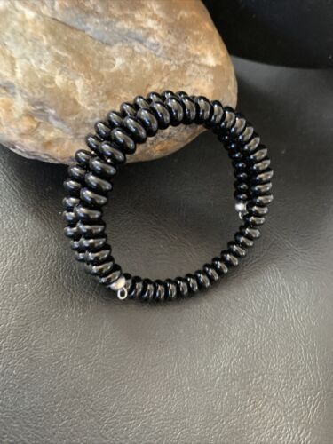 Memory Wire Stainless Steel Black Onyx Bead Bracelet | Sterling Silver | Native American Handmade | 01958