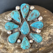 Navajo Blue Turquoise Cluster Ring | Authentic Native American Sterling Silver | Multi-Stone | Sz 7.5 | 14746