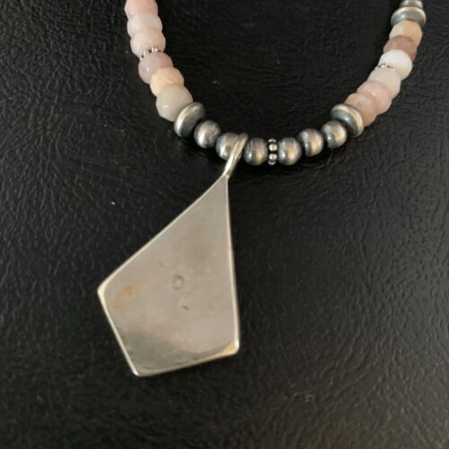 Navajo Mother of Pearl Turquoise Inlay Pendant with Pink Opal Bead | Sterling Silver Necklace | 13456