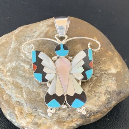 Zuni Blue Turquoise Coral Butterfly Inlay Pendant | Sterling Silver Necklace | Authentic Native American Inlay | 11967 - Masha USA