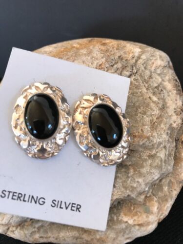 Native American Onyx Nugget Design Earrings | Sterling Silver | Southwestern Handmade | 1" | 3745