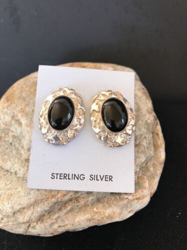Native American Onyx Nugget Design Earrings | Sterling Silver | Southwestern Handmade | 1" | 3745