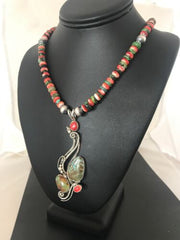 Navajo Turquoise #8 & Spiny Oyster Pendant Necklace | Sterling Silver | Native American Handmade | 8646