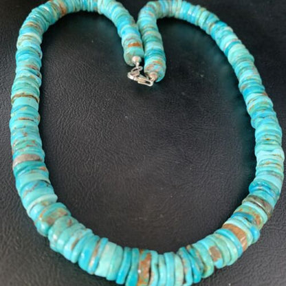 Men's Navajo Blue Turquoise Heishi Bead Necklace | Sterling Silver | 20" | Authentic Native American Handmade | 13522