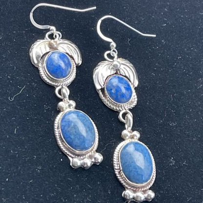 Navajo Denim Lapis Dangle Earrings | Sterling Silver | 2" | Authentic Native American Handmade | 01794