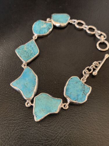 Navajo Blue Kingman Turquoise Rough Link Bracelet | Sterling Silver | 8" | 11651
