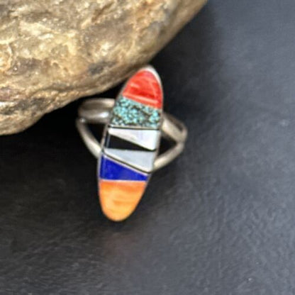Navajo Sterling Silver Multi-Color Red Spiny Oyster Lapis Inlay Ring Sz 6 | Handmade | 14725