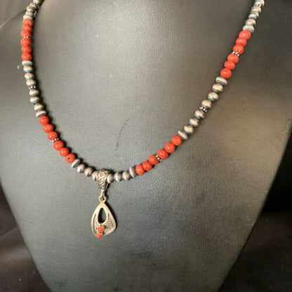 Native American Navajo Red Coral Pendant Necklace | Sterling Silver | 13842