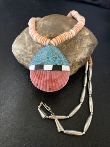 Authentic Native American Santo Domingo Shell Pendant Necklace | Spiny Oyster & Blue Turquoise | 26" | 12519
