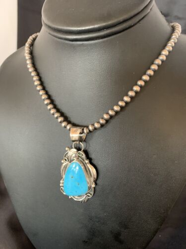 Men's Navajo Pearls Necklace with Blue Kingman Turquoise Pendant | Sterling Silver | Native American Handmade | 12590