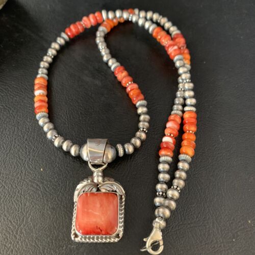 Navajo Red Spiny Oyster Pendant Necklace | Sterling Silver | 20" | Authentic Native American Handmade | 13653