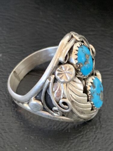 Navajo Blue Kingman Turquoise Feather Ring | Authentic Native American Sterling Silver | Multi-Stone | Sz 10.5 | 12219