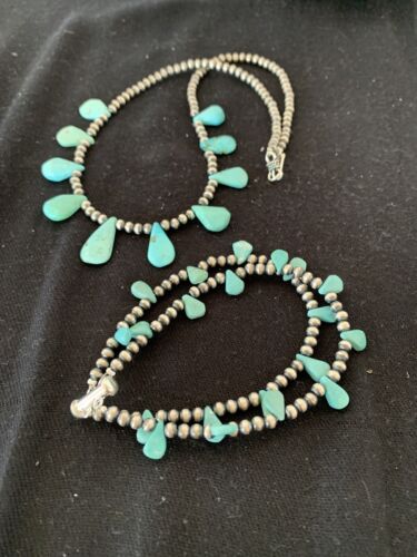Navajo Pearls Sterling Silver Necklace & Bracelet Set | Blue Turquoise | Authentic Native American Handmade | 516
