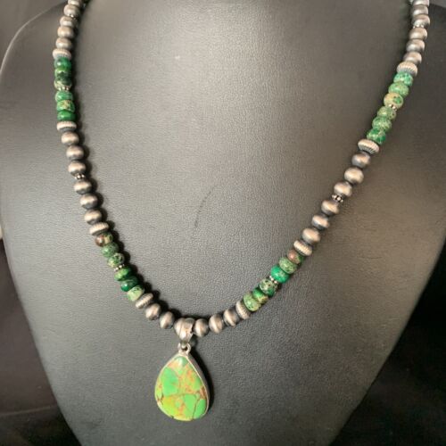Navajo Pearls Green Mojave Turquoise Pendant Necklace | Sterling Silver | Native American Handmade | 13460