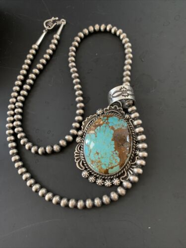 Navajo Pearls Necklace with Blue Turquoise #8 Pendant | Sterling Silver | Authentic Native American Handmade | 11312