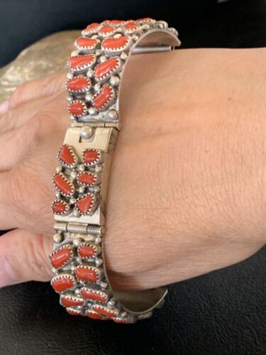Old Pawn Men's Navajo Sterling Silver Watch Bracelet with Red Coral | Authentic Native American Jewelry | 12152