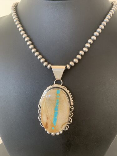 Men's Navajo Pearls Necklace | Sterling Silver Blue Boulder Turquoise Pendant | Native American Handmade | 1534