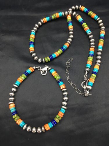 Southwestern Turquoise Spiny Oyster Lapis Necklace & Bracelet Set | Sterling Silver | 18" | Authentic Native American Handmade