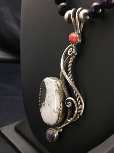 Navajo White Buffalo Sugilite Multi-Stone Pendant Set | Authentic Native American Sterling Silver | 24" | 2816