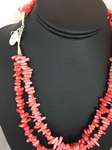 Navajo Native American Coral 2-Strand Bamboo Necklace | Sterling Silver | Southwestern 3253 - Masha USA