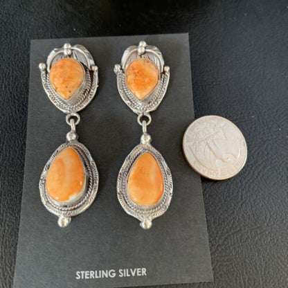 Navajo Orange Spiny Oyster Dangle Earrings | Sterling Silver | Authentic Native American Handmade | 13819