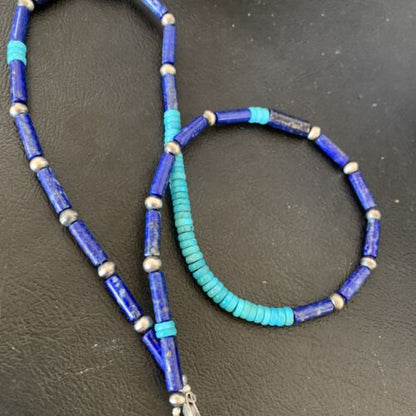 Native American Men's Navajo Lapis Turquoise Bead Necklace | Sterling Silver | 21" | 12471