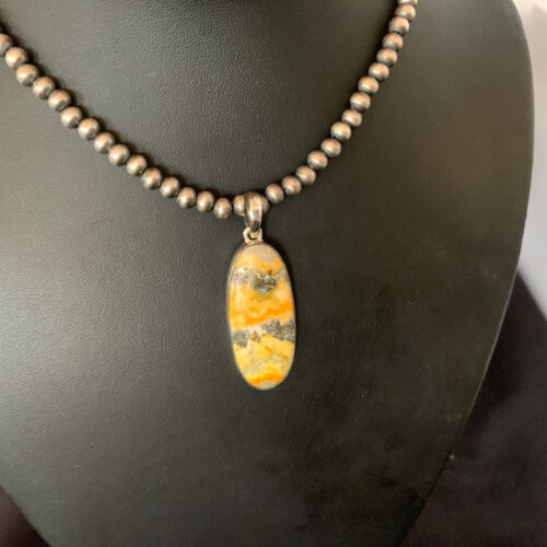 Navajo Yellow Bumblebee Jasper Pendant Necklace | Sterling Silver | Authentic Native American Handmade | 12810