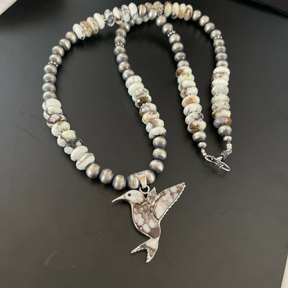 Navajo Hummingbird Inlay Necklace Pendant | Sterling Silver | Wild Horse Turquoise Inlay | 11345