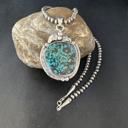 Men's Blue Spiderweb Turquoise Necklace Pendant | Navajo Sterling Silver | Authentic Native American Handmade | 14258