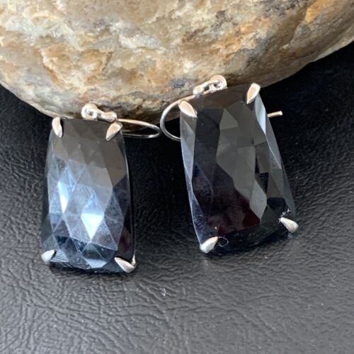 Navajo Black Faceted Quartz Dangle Earrings | Sterling Silver | 1" | Authentic Native American Handmade | 12087