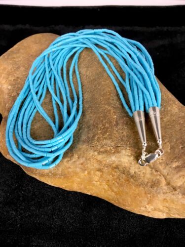 Navajo Blue Turquoise Heishi 10-Strand Liquid Sterling Necklace | 24" | Authentic Native American Handmade | 12384