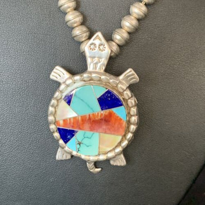 Turtle Inlay Pendant | Navajo Lapis Turquoise Sterling Necklace 24" | Handmade Southwestern Jewelry | 13680