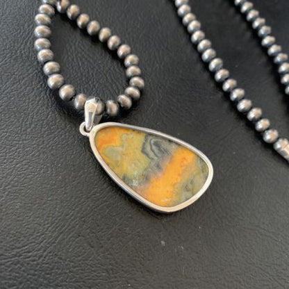 Navajo Yellow Bumblebee Jasper Pendant | Sterling Silver Necklace | Authentic Native American Handmade | 12811
