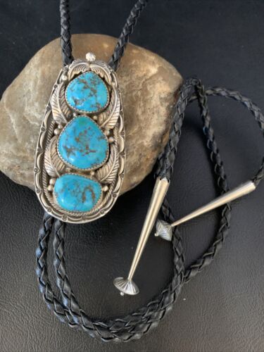 Ultra Rare Navajo Men's Bolo Tie | Blue Kingman Turquoise | Sterling Silver | Authentic Native American Handmade | 13667