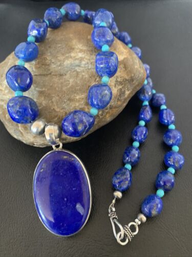 Navajo Blue Lapis Turquoise Pendant Necklace | Sterling Silver | 20" | Authentic Native American Handmade | 10269