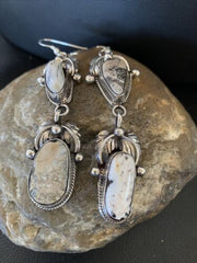 Navajo White Buffalo Turquoise Dangle Earrings | Sterling Silver | 2.5" | Authentic Native American Handmade | 12154