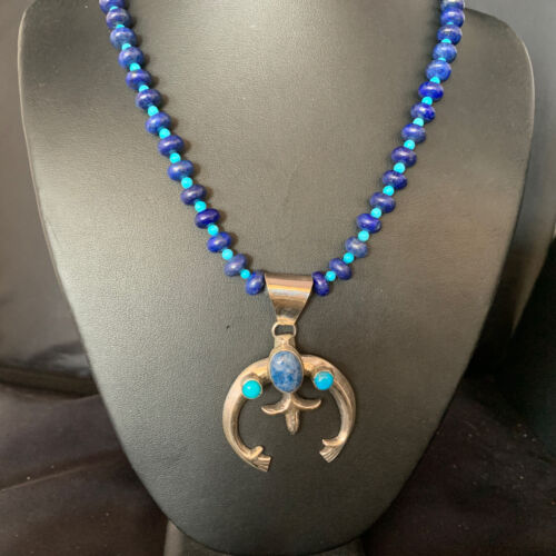 Navajo Denim Lapis Turquoise Pendant Necklace | Authentic Native American Sterling Silver | Naja | 13704
