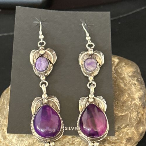 Navajo Purple Sugilite Dangle Earrings | Sterling Silver | 2" | Authentic Native American Handmade | 14401