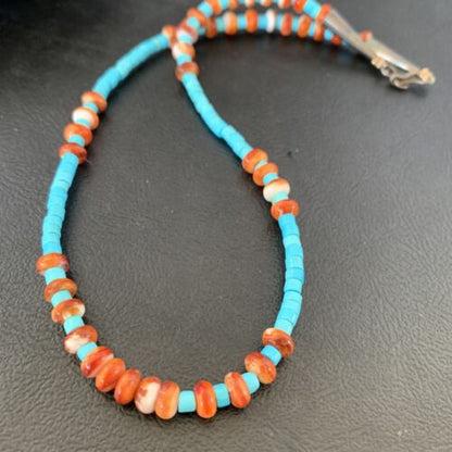 Navajo Sterling Silver Spiny Oyster Turquoise Necklace | 16" | Authentic Native American Handmade | 10692 - Masha USA