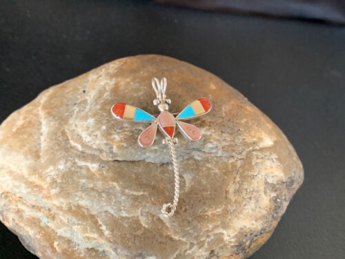 Zuni Turquoise Pink Mother of Pearl Inlay Dragonfly Necklace Pin Pendant | Sterling Silver | 12325