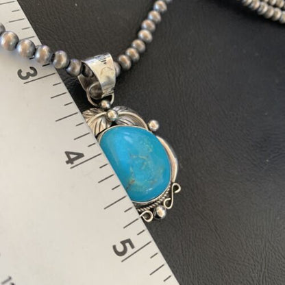 Men's Navajo Pearls Necklace with Blue Kingman Turquoise Pendant | Sterling Silver | Native American Handmade | 12593