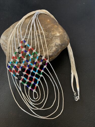 Multi-Color Liquid Silver Heishi Necklace | 7 Strand Sterling Silver Tubes | 18" | 12624