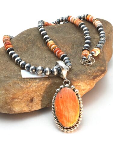 Navajo Orange Spiny Oyster Pendant Necklace | Sterling Silver | Authentic Native American Handmade | 8687