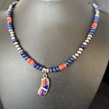 Navajo Blue Lapis Spiny Oyster Necklace Pendant | Sterling Silver Inlay | Authentic Native American Handmade | 14617