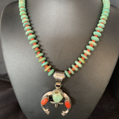 Navajo Pearl Royston Turquoise Coral Necklace with Naja Pendant | Sterling Silver | 13758